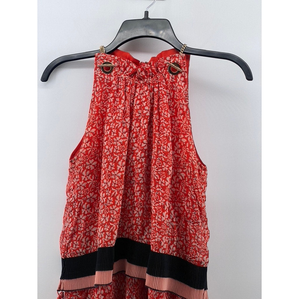 DEREK LAM 10 CROSBY Women's Orange Floral Layered Sleeveless Halter Dress SZ 0