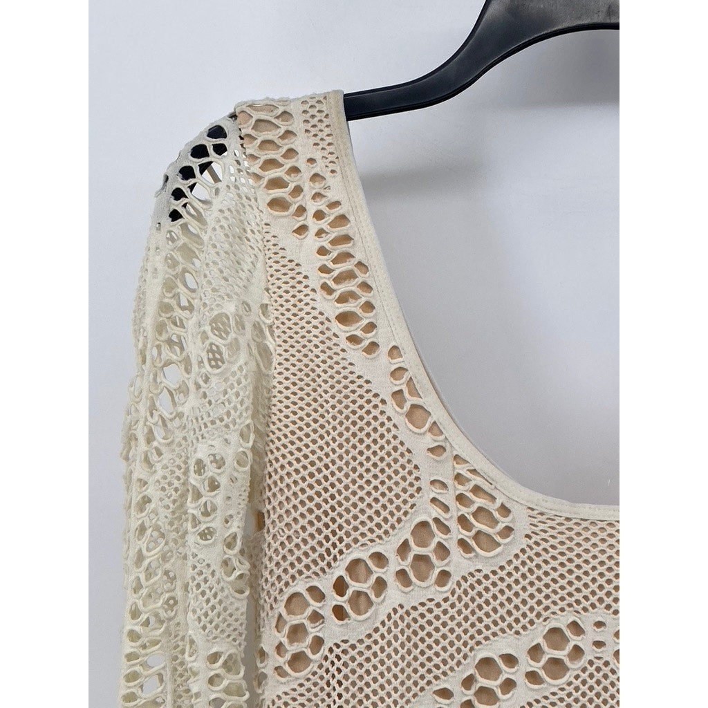 UNBRANDED Women's Cream Lace Long Sleeve Scoop-Neck Mini Dress SZ S