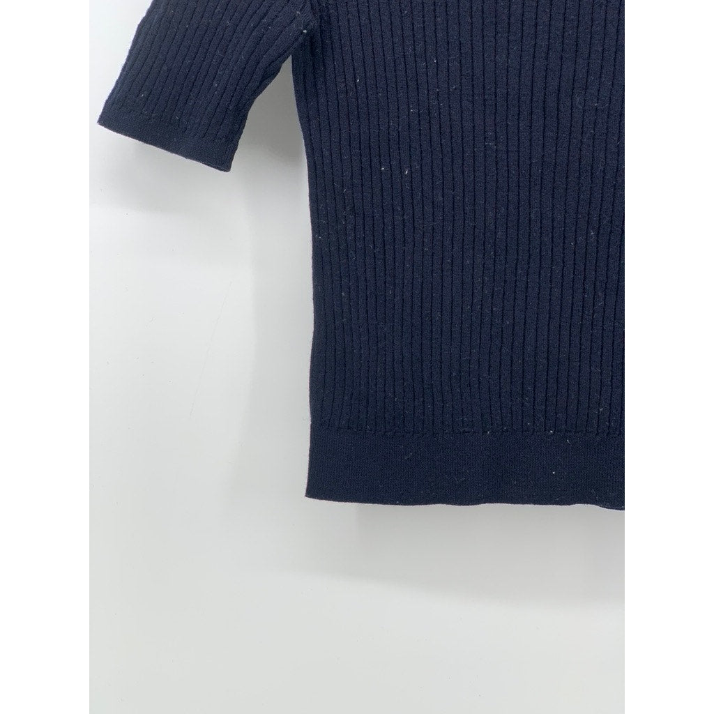 UNIQLO Women's Navy Rib Knit Short Sleeve Cropped Mock-Neck Top SZ M