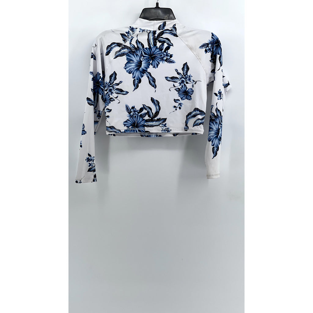 UNBRANDED Women's White-Blue Floral Crewneck Long Sleeve Cropped Swim Top SZ L