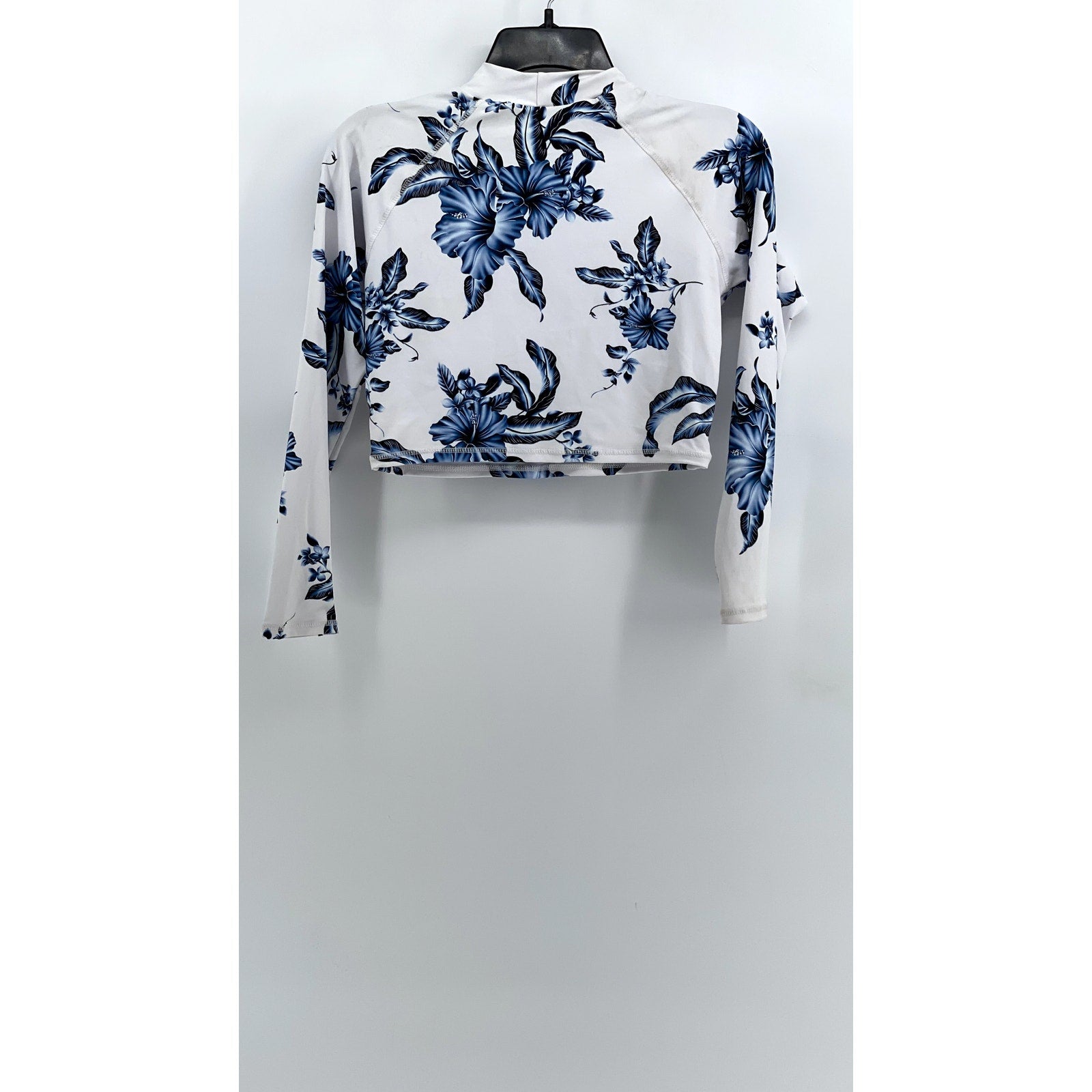 UNBRANDED Women's White-Blue Floral Crewneck Long Sleeve Cropped Swim Top SZ L