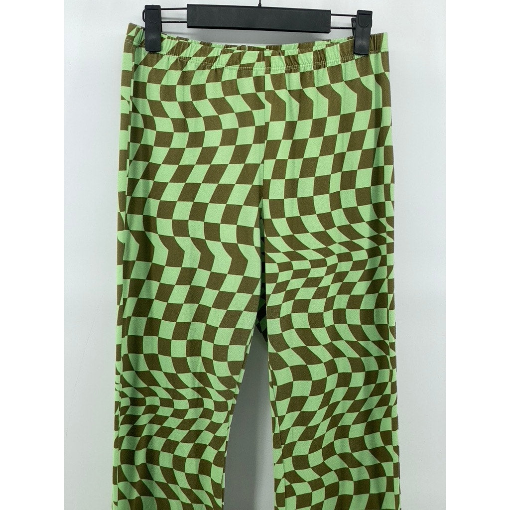 BETTER BE Women’s Green-Brown Checkered Pull-On Flared Pants SZ L