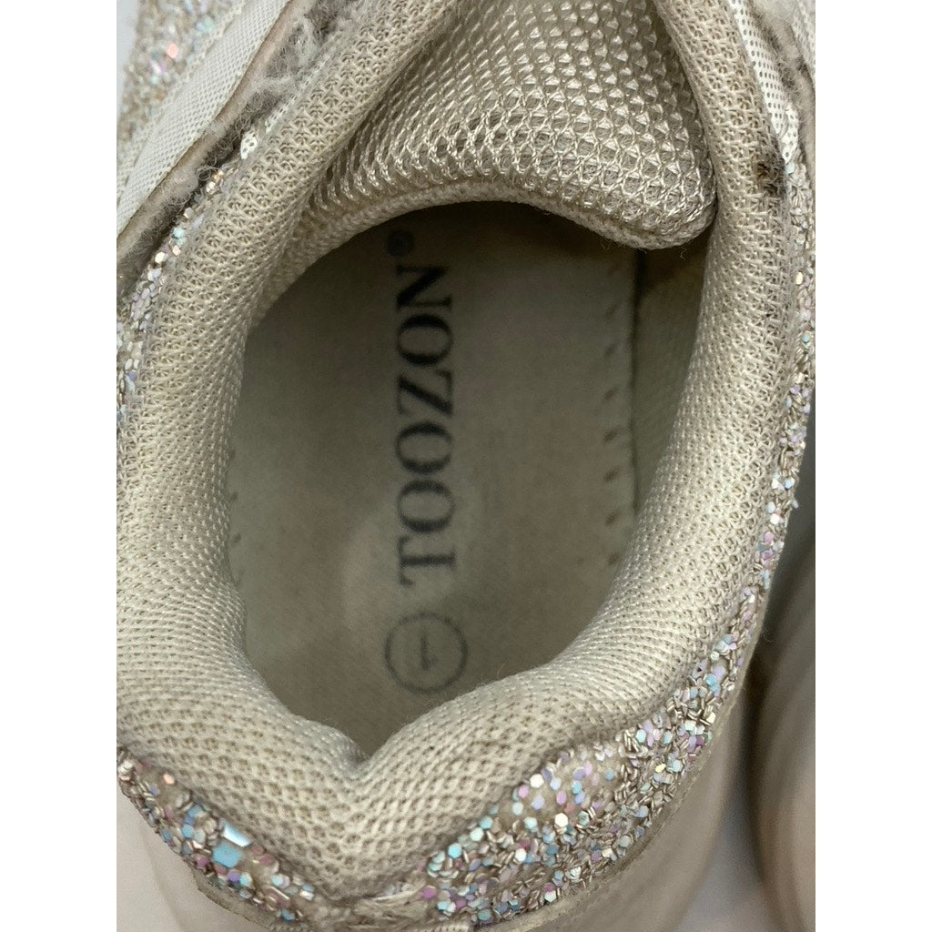 TOOZON Girls' White Glitter Embellished Round-Tie Lace-Up Strap Sneakers SZ 1