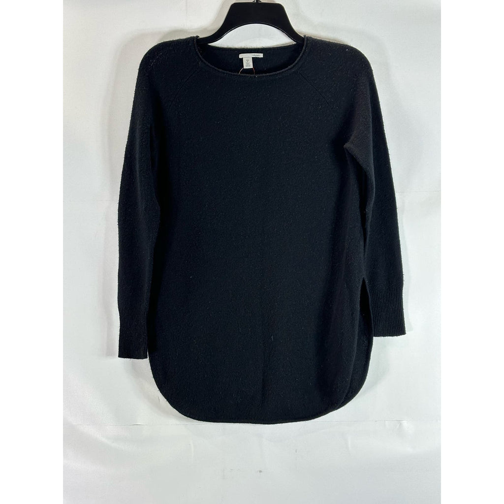 HALOGEN Women's Solid Black Wool/Cashmere Crewneck Round Split-Hem Sweater SZ2XS