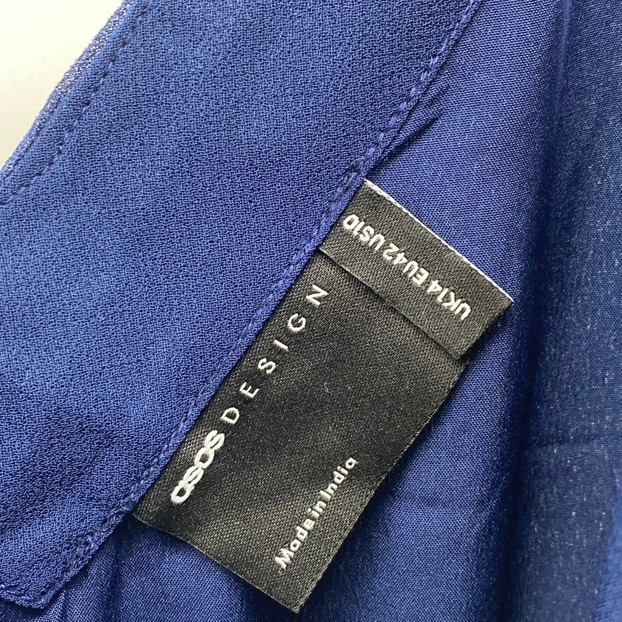 ASOS DESIGN Women's Dark Blue V-Neck Tie-Waist Pleated Midi Dress SZ 10