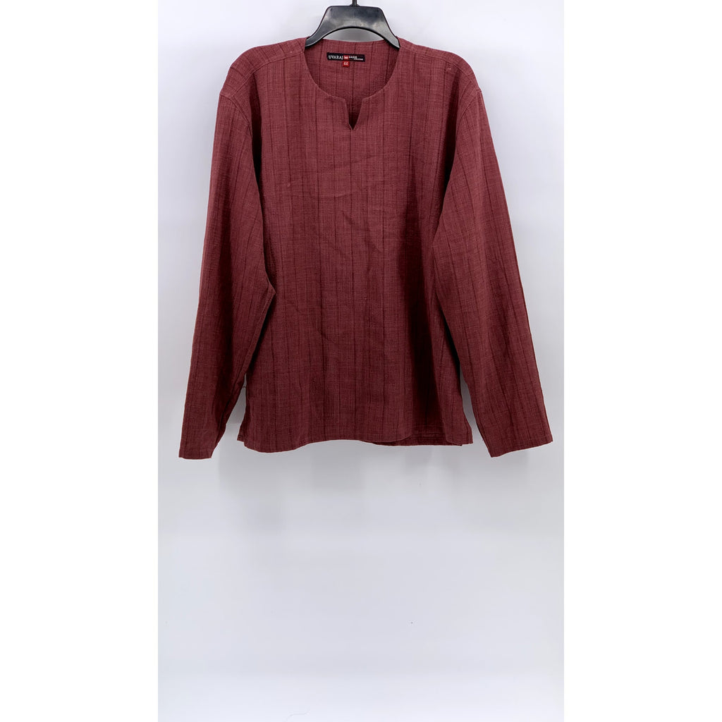 UVARAJ Jash Creation Men's Red Wide Stripe Split-Neck Long Sleeve Shirt SZ 44(L)