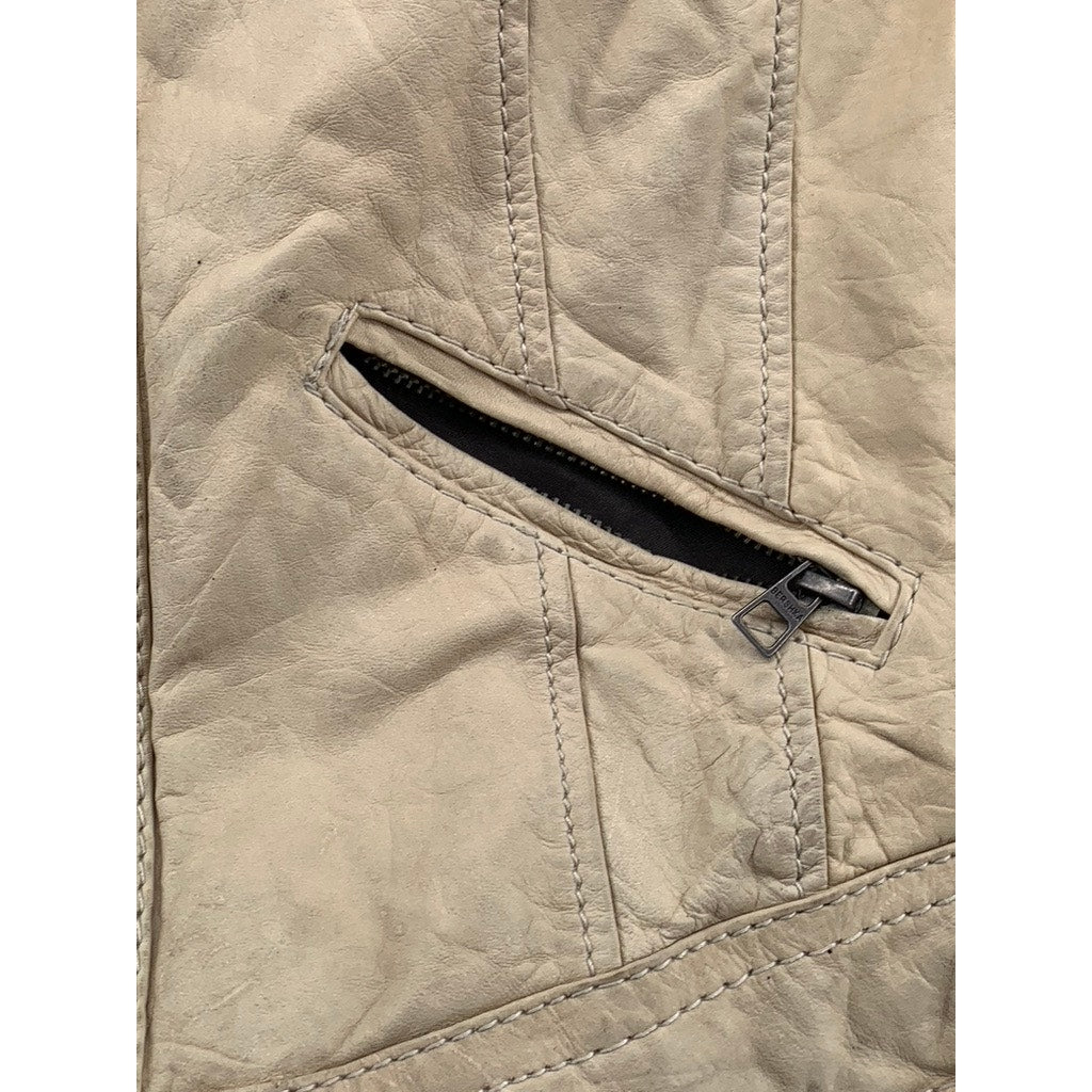 BERSHKA Women's Tan Cow Leather Zip-Up Buckle-Neck Long Sleeve Jacket SZ L
