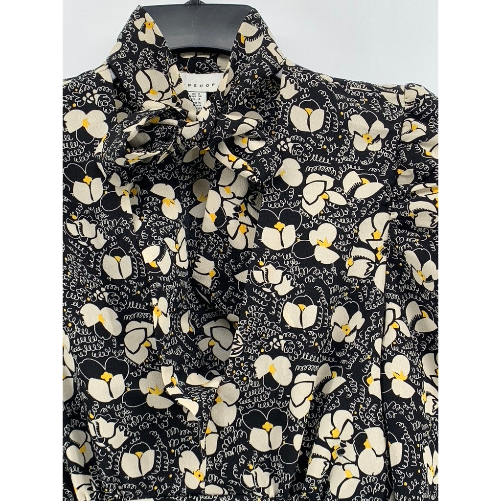 TOPSHOP Women's Black Floral Print Tie Neck Long Sleeve Mini Dress SZ 4