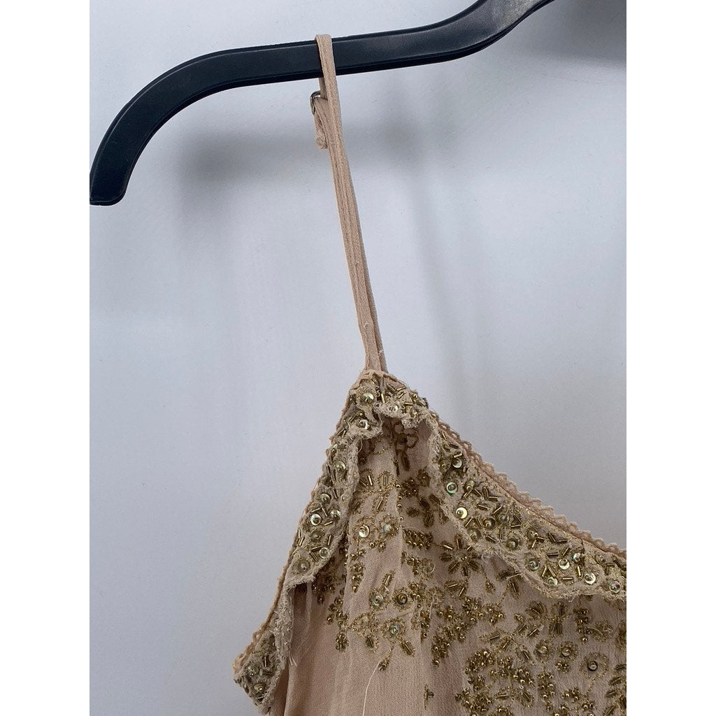 LOVE SAM Women's Petite Beige Sequin Embellished Sheer V-Neck Mini Dress SZ S/P