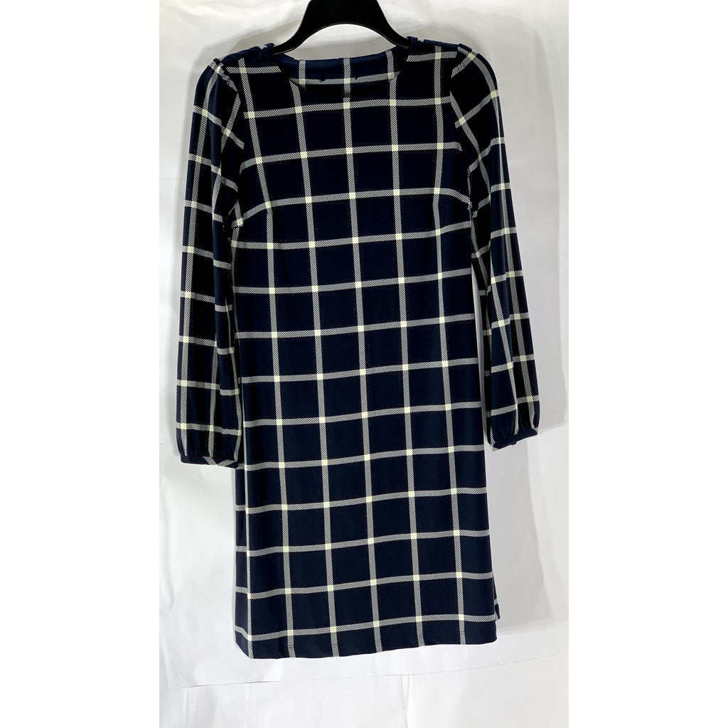 TOMMY HILFIGER Women's Navy Checkered Crewneck Long Sleeve Knee Length Dress SZS