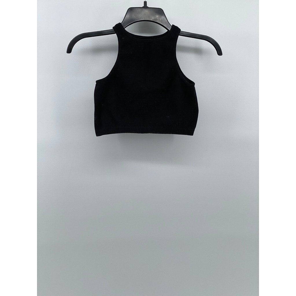 MADRAG Women's Black Crewneck Ribbed Cropped Tank Top SZ S