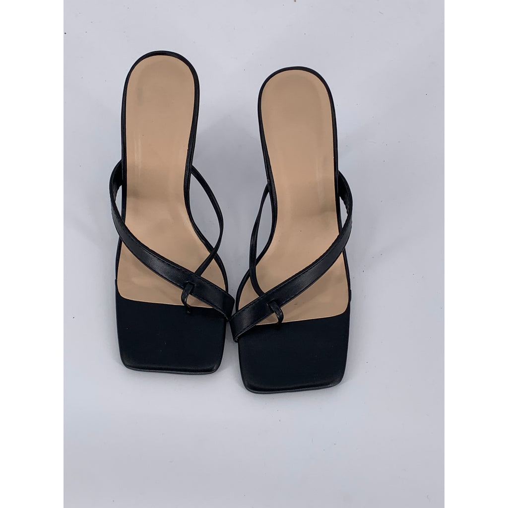 UNBRANDED Women's Black Faux-Leather Square-Toe Slip-On Heeled Sandals SZ 6