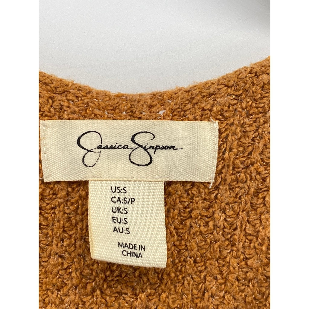 JESSICA SIMPSON Women's Orange V-Neck Waffle Knit Cuffed Long Sleeve Sweater SZS