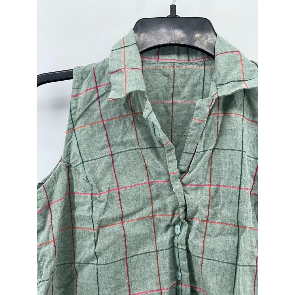 UNBRANDED Women's Green Windowpane Collared Button-Up Sleeveless Cropped Top SZS