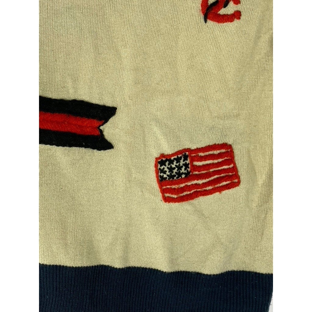TATYANA Women's Tan-Navy Vintage Patriotic Embroidered Knit 90's Sweater SZ L