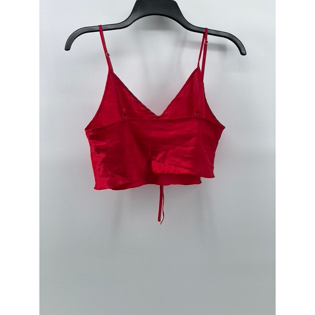 UNBRANDED Women's Red Satin V-Neck Spaghetti Strap Cropped Tank Top SZ M