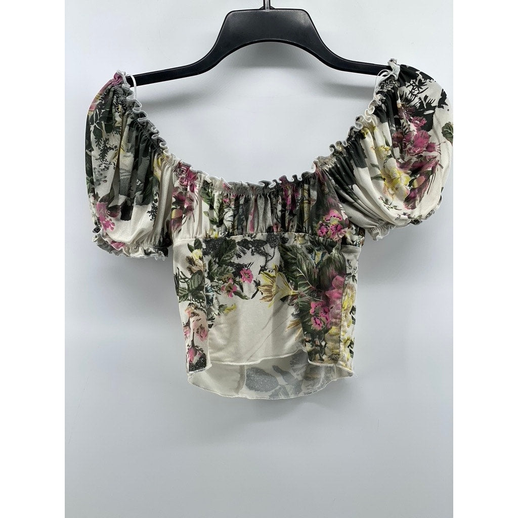 URBAN OUTFITTERS Women's White Floral Ruffle Corset Cropped Top SZ XS