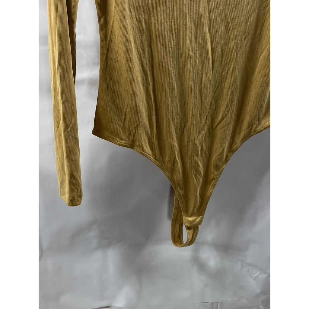 ELODIE Women's Tan Ribbed Crewneck Long Sleeve Thong Bodysuit SZ L