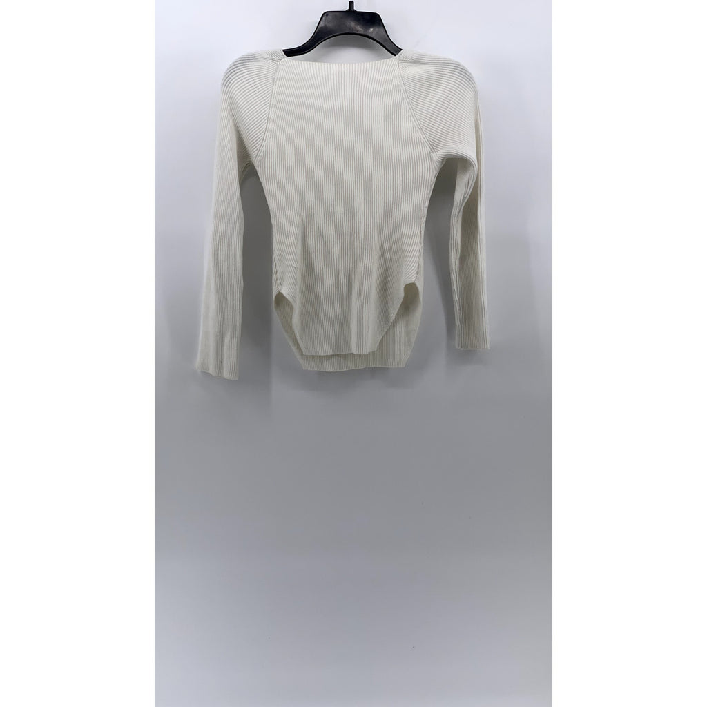 UNBRANDED Women's White Rib Square Hem Slim Fit Long Sleeve V-Neck Top SZ S