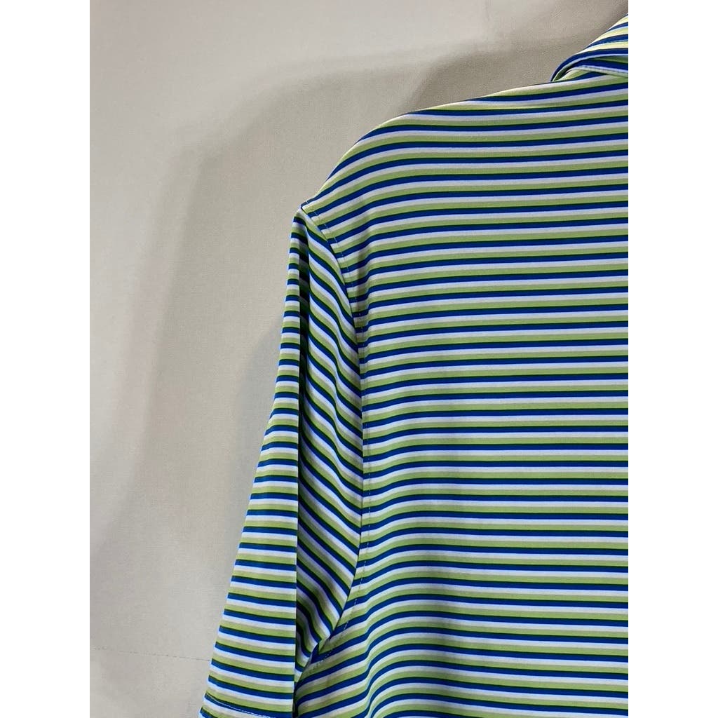 LANDS' END Men's Green/Blue Striped Shoe Graphic Short Sleeve Polo SZ M