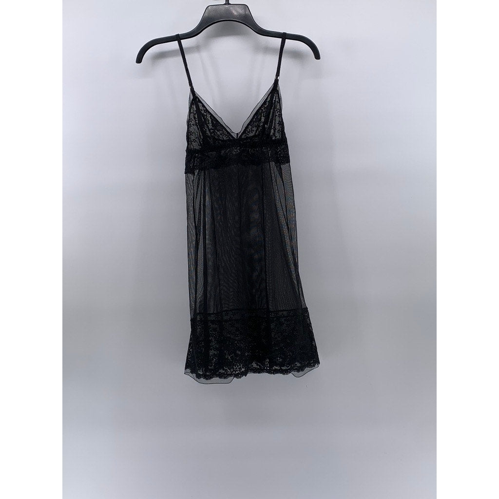UNBRANDED Women's Black Lace Trim Sheer V-Neck Spaghetti Strap Night Gown SZ S