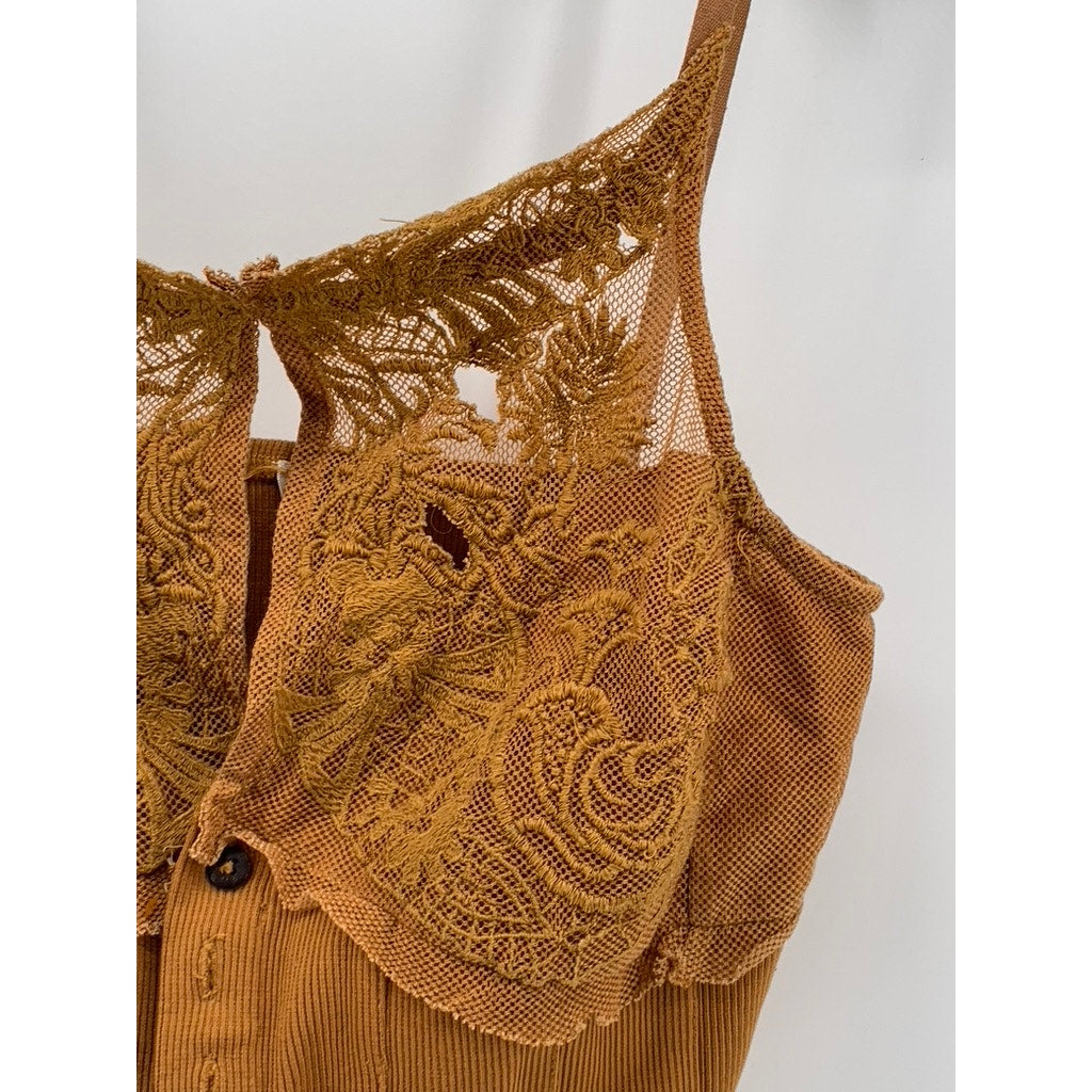 FREE PEOPLE Women's Camel Brown Embroidered Button-Up Crop-Top SZ S