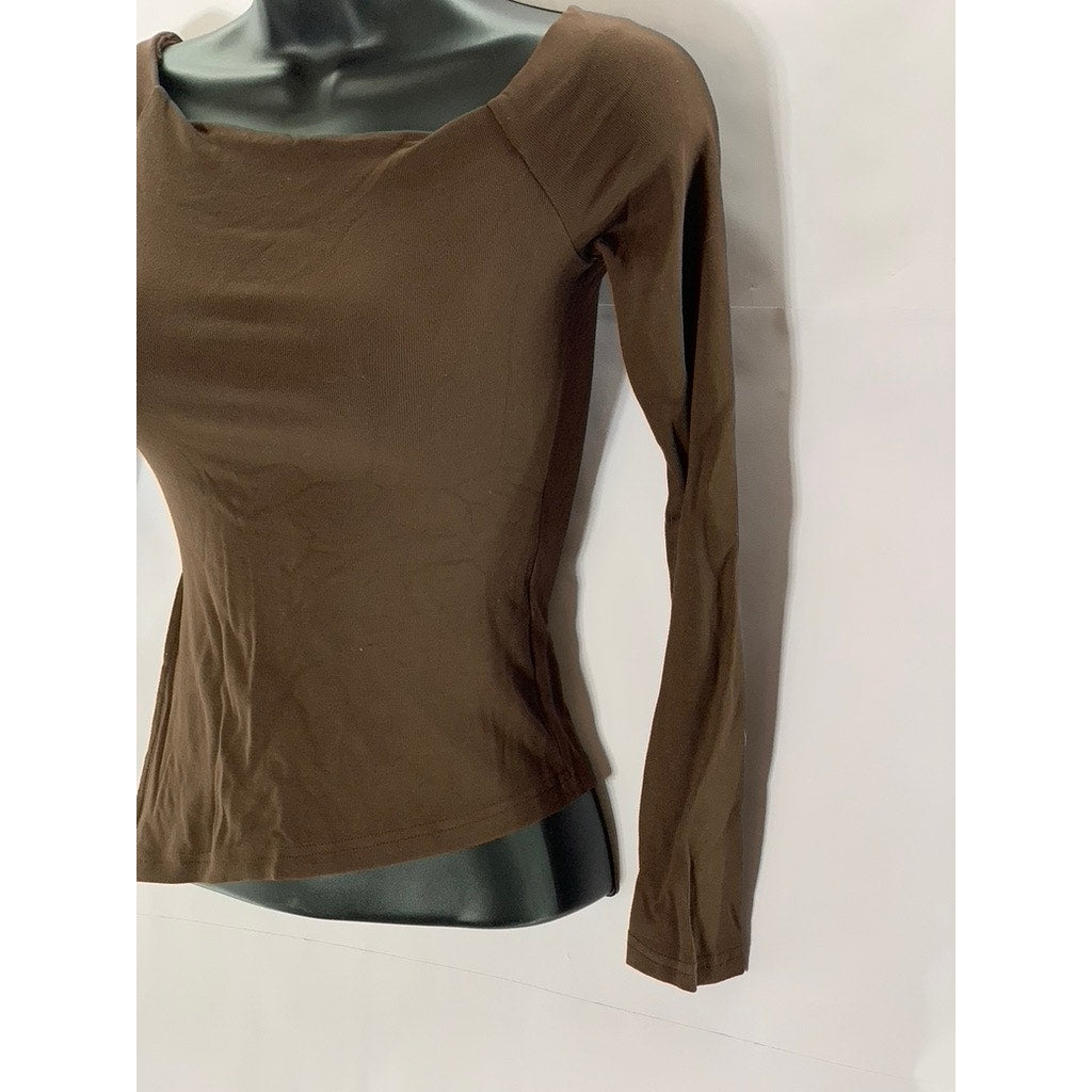 COMMENSE Women's Dark Brown Asymmetrical Spilt-Hem Long Sleeve Top SZ XS