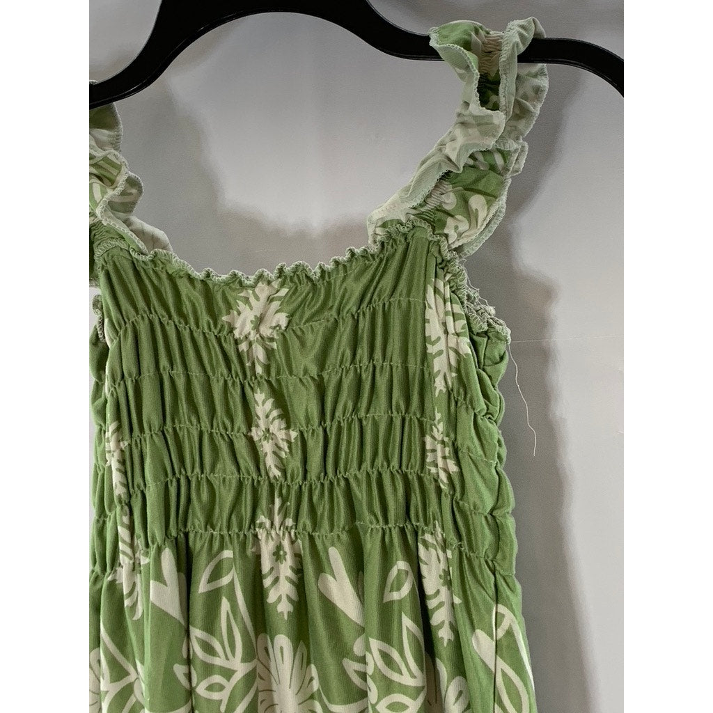 UNBRANDED Women's Green/White Floral Smocked Ruffle Sleeve Mini Dress SZ S