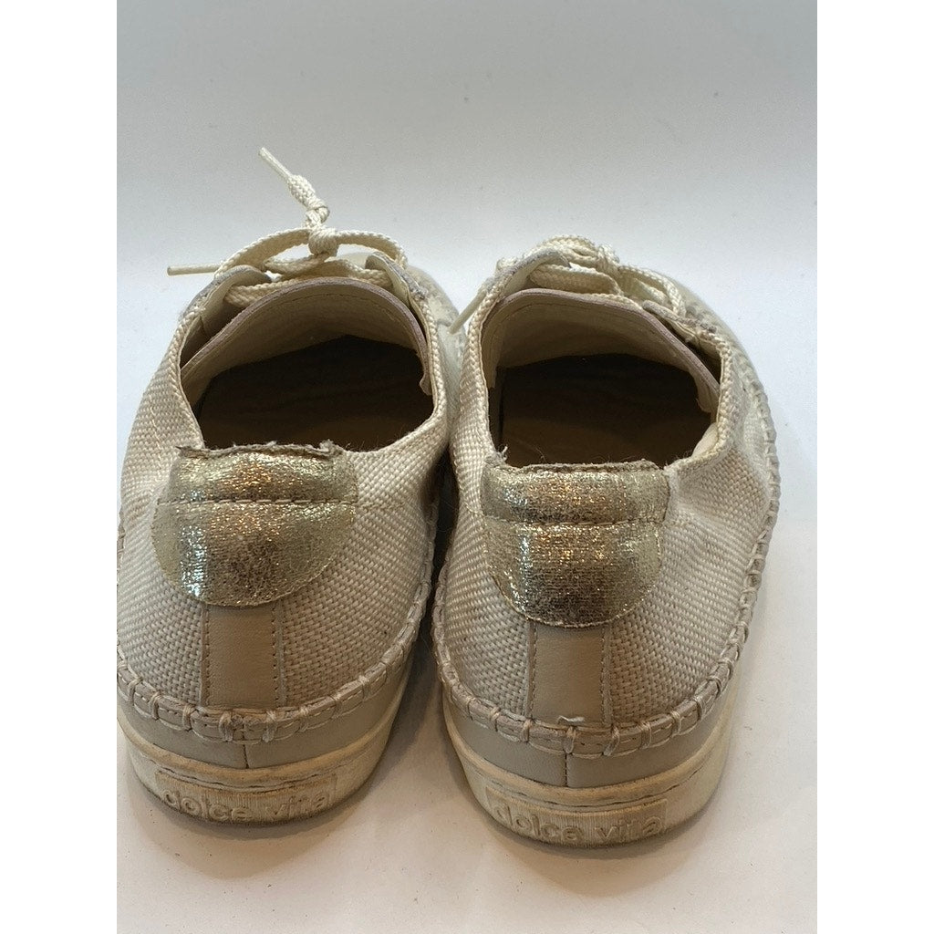 DOLCE VITA Women's White-Tan Contrast Stitch Round-Toe Lace-Up Sneakers SZ 11