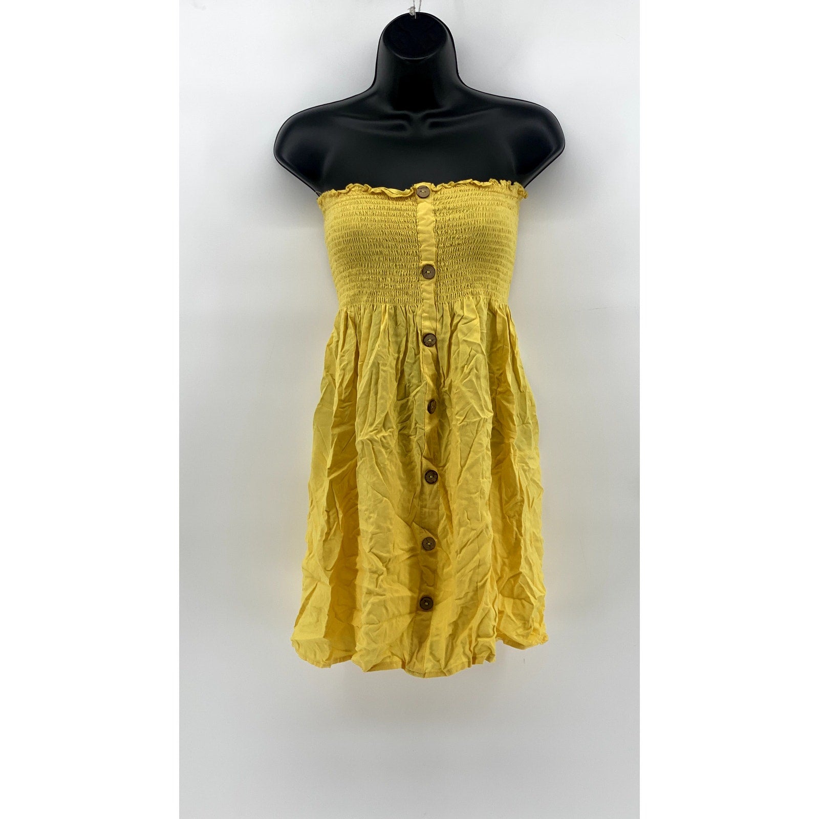 AMBIANCE Women's Yellow Smocked Strapless Mini Dress SZ M