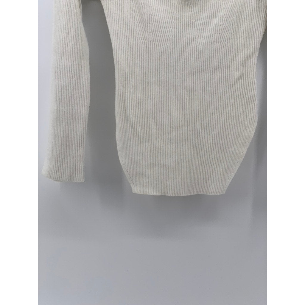 UNBRANDED Women's White Rib Square Hem Slim Fit Long Sleeve V-Neck Top SZ S