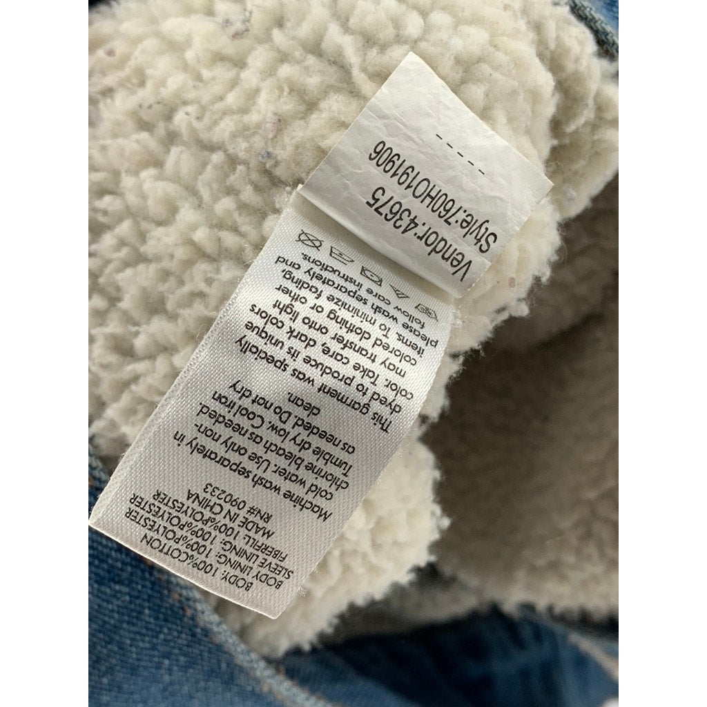 PACSUN Women's Dark Blue Denim Button-Up Sherpa Oversized Trucker Jacket SZ L