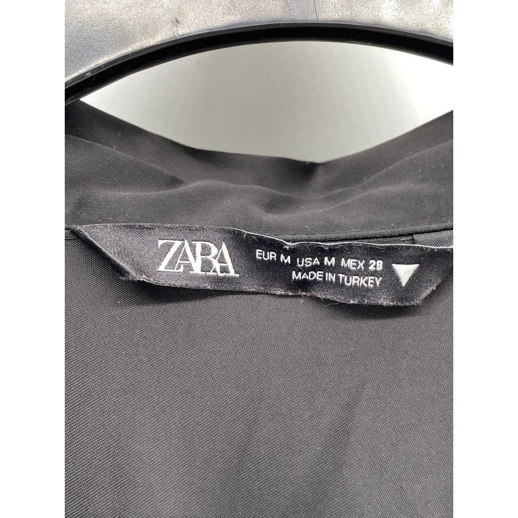 ZARA Women's Black Surplice Neck Long Sleeve Collared Side-Ruched Mini Dress SZM