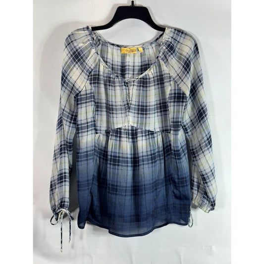 PRINCESS VERA WANG Women's Blue/White Ombre Plaid Tie-Cuff Long Sleeve Top SZ S