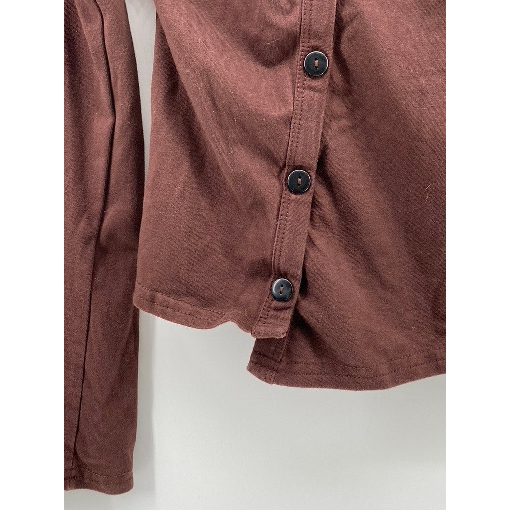 PRETTYLITTLETHING Women's Brown Solid Asymmetrical Button-Up Long Sleeve Top SZ2