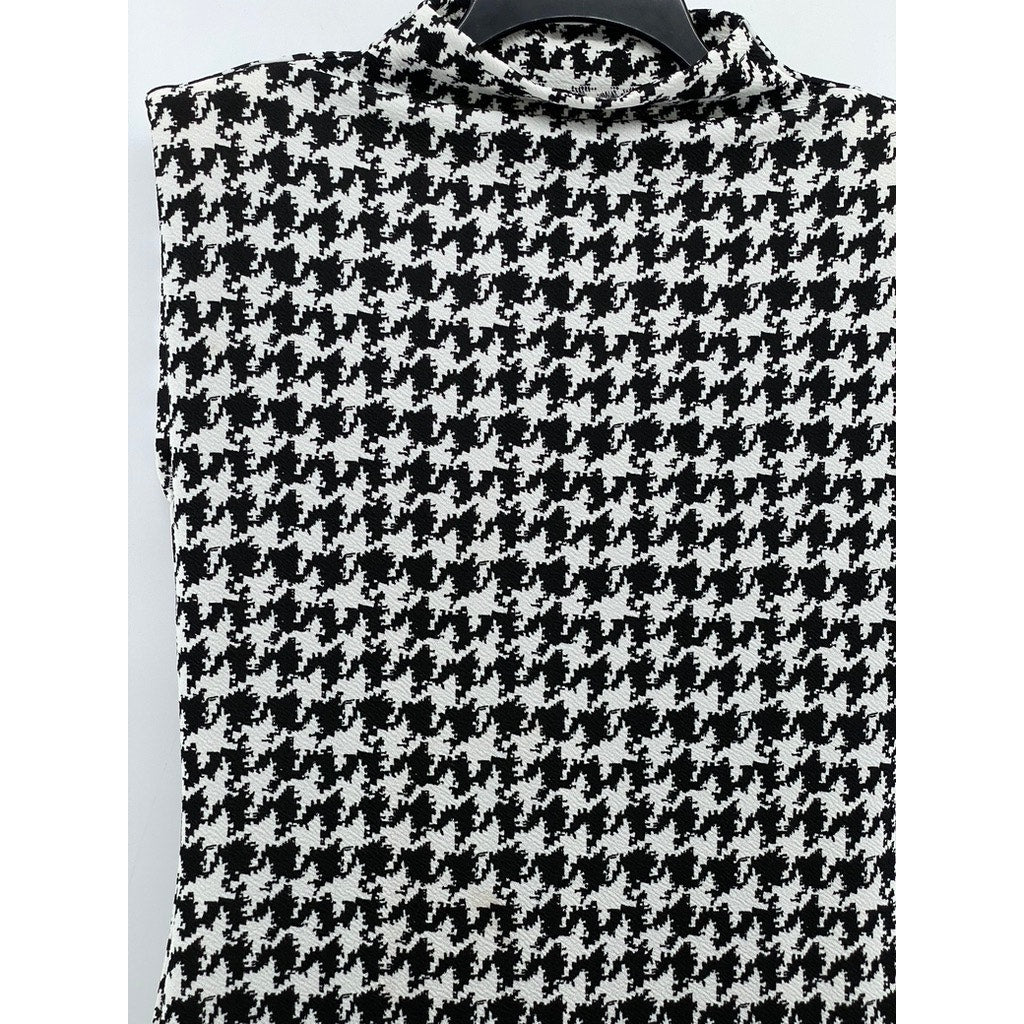 SHEIN Women's Black-White Houndstooth Print Mock-Neck Bodycon Midi Dress SZ 8/10