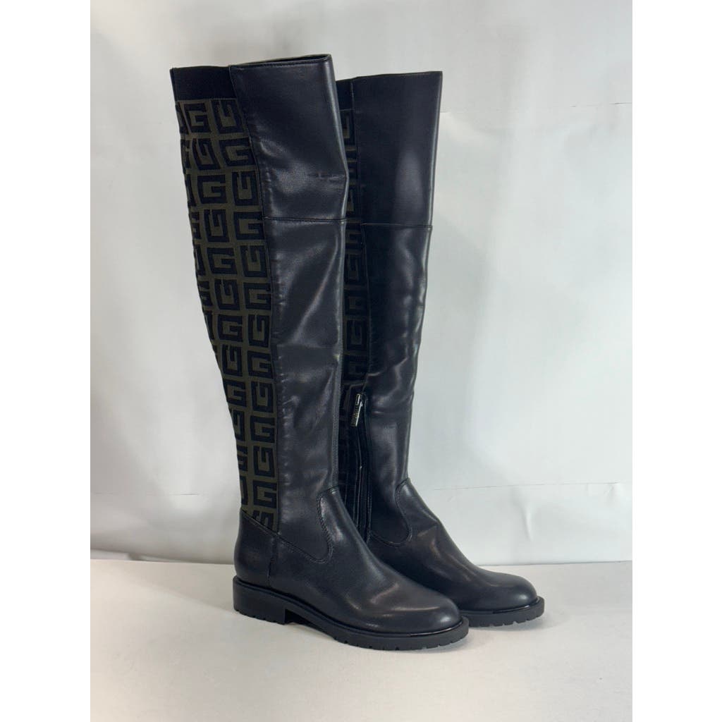 GUESS Women's Black/Taupe Remone Block-Heel Pull-on Knee High Boots SZ 6