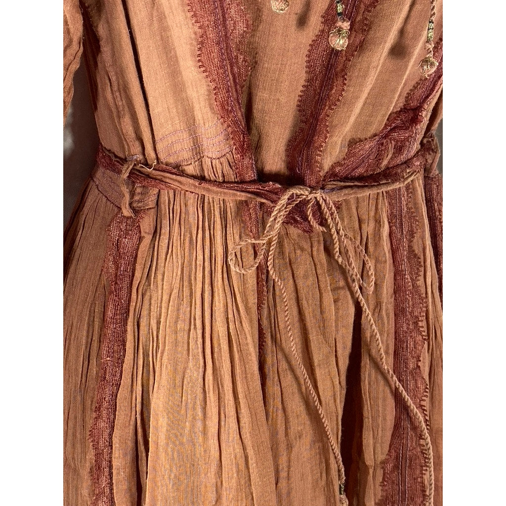 UNBRANDED Women's Burnt Orange Lace-Trim V-Neck Tiered Tie-Waist Midi Dress SZ S