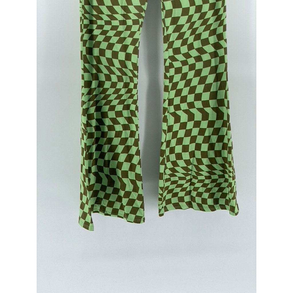 BETTER BE Women’s Green-Brown Checkered Pull-On Flared Pants SZ L