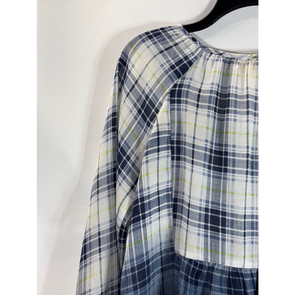 PRINCESS VERA WANG Women's Blue/White Ombre Plaid Tie-Cuff Long Sleeve Top SZ S