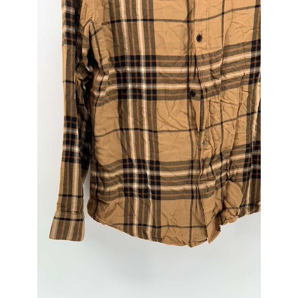H&M Men’s Tan-Black Plaid Button-Up Regular Fit Shirt SZ M