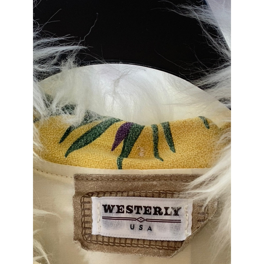 WESTERLY USA Women's Vintage Yellow Floral Fur Collar Zip-Up Jacket SZ M