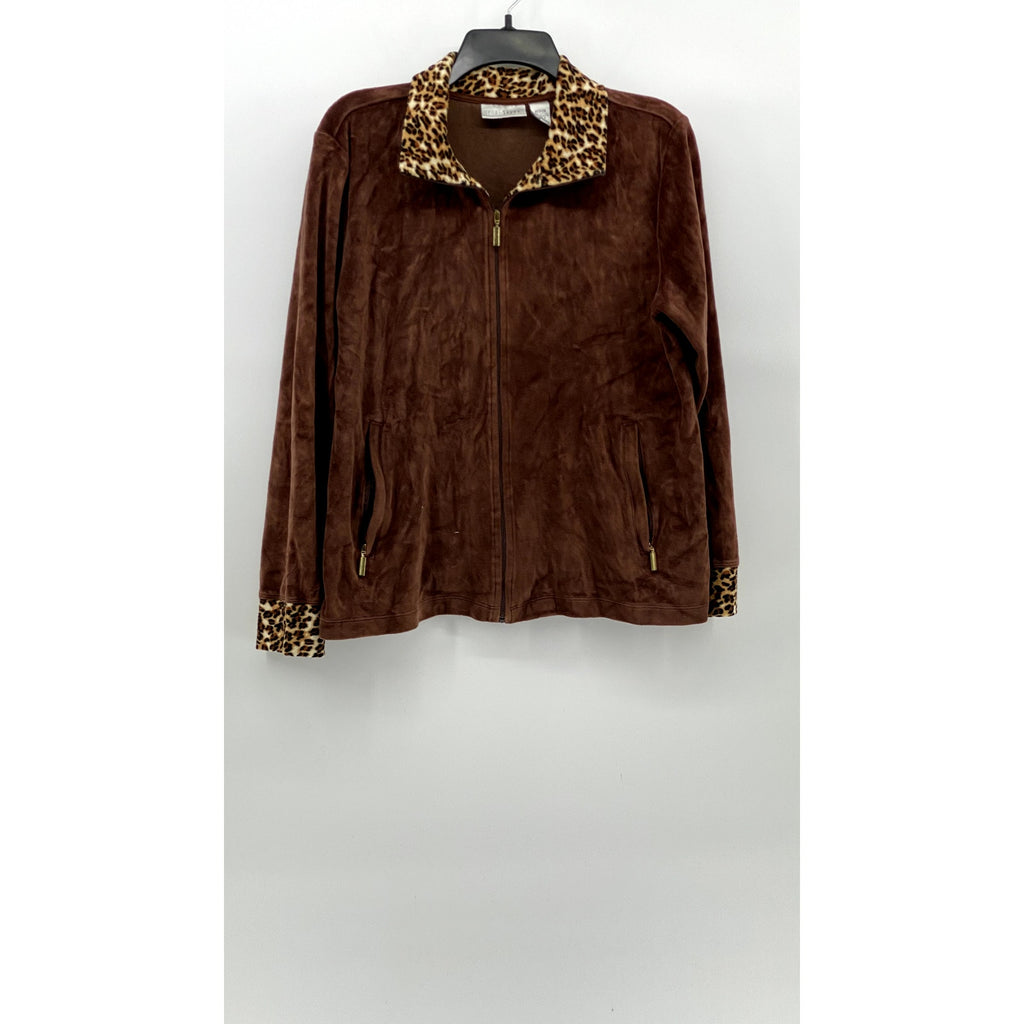 SPORT SAVVY Women's Brown Soft Y2K Animal Print Zip-Up Long Sleeve Sweater SZ M