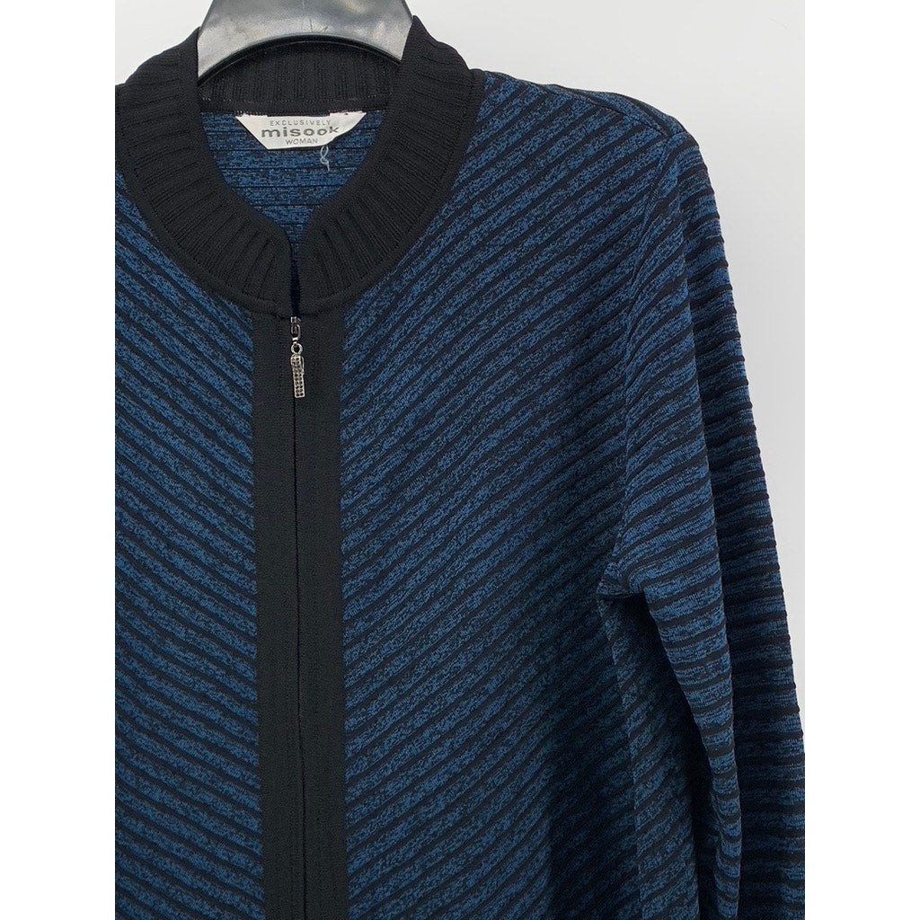 EXCLUSIVELY MISOOK Women's Vintage Blue-Black Striped Zip-Up Cardigan SZ L