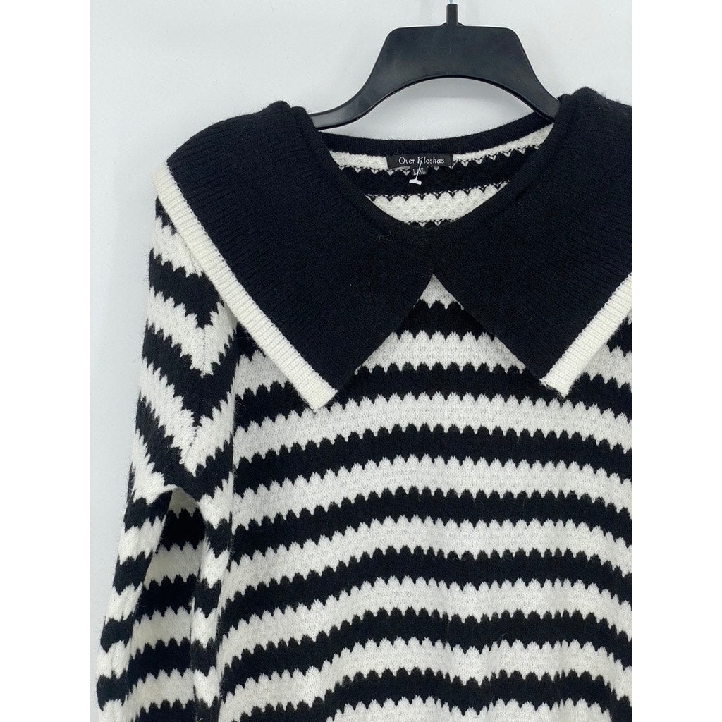 OVER KLESHAS Women’s Black-White Collared Knit Striped Sweater SZ L/XL