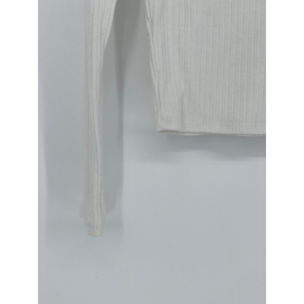 UNBRANDED Women's White Wide Rib V-Neck Long Sleeve Top SZ S