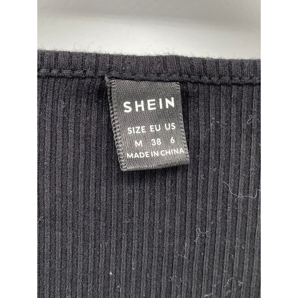 SHEIN Women's Black Ribbed Straight-Neck Long Sleeve Bodysuit SZ 6