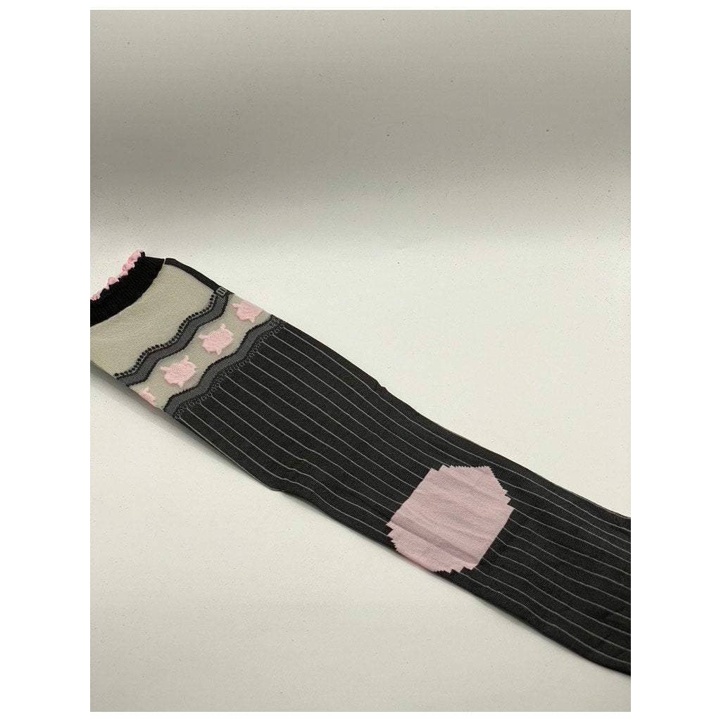 FRENCH CURVE Women's Black-White-Pink Striped Semi Sheer Socks SZ OS