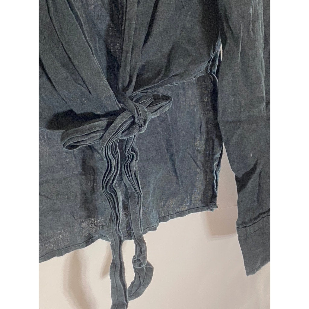 ZARA Women's Black Washed Hi-Lo Open Tie-Front Collared Long Sleeve Top SZ XS