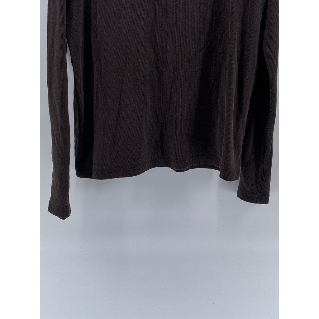 GU Men's Dark Brown Ribbed Crewneck Washed Slim-Fit Long Sleeve T-Shirt SZ L